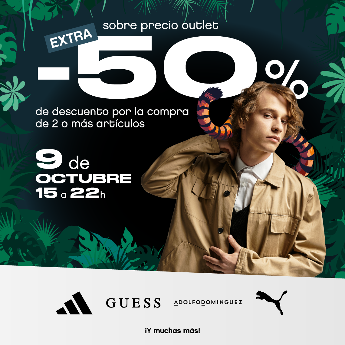 Boy in a beige parka and a 50% discount on the jungle night