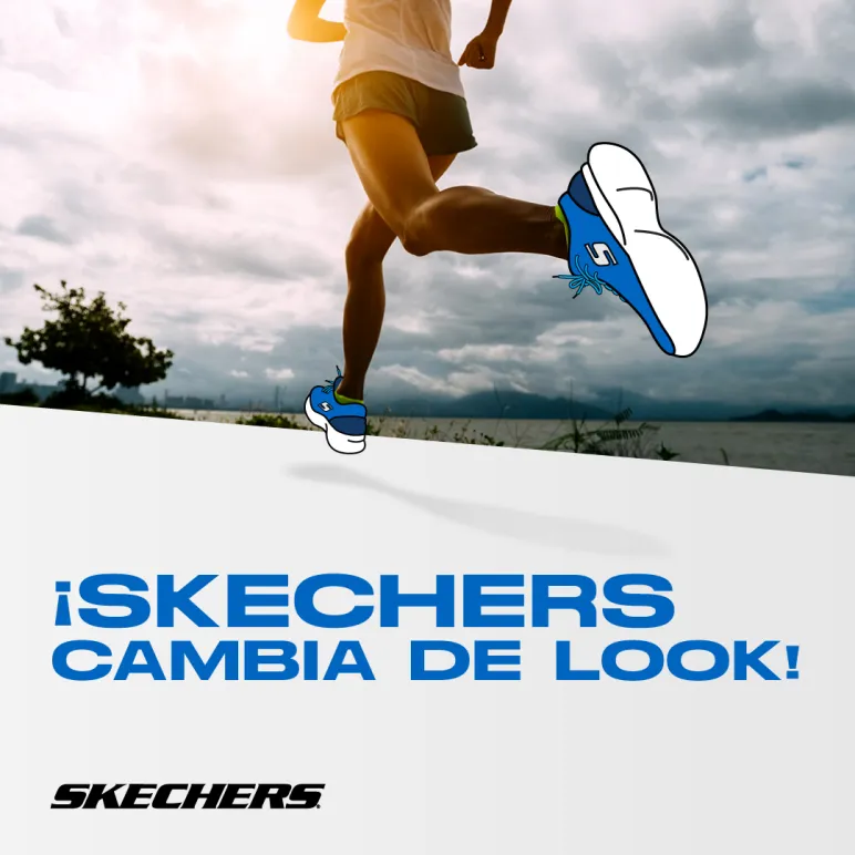 persona corriendo en campo con skechers azules