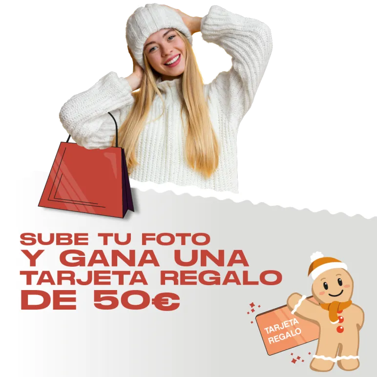 chica con gorro de lana blanco feliz de compras navideñas
